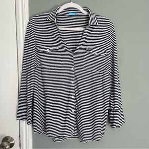J. McLaughlin Linen Blend Striped Henley Button Down Shirt V Neck Blue White